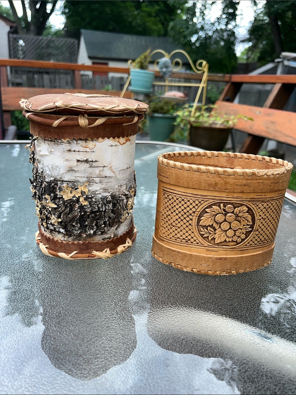 Handcrafted Birch Bark and Carved Wood Decorative Containers - Natural Brown